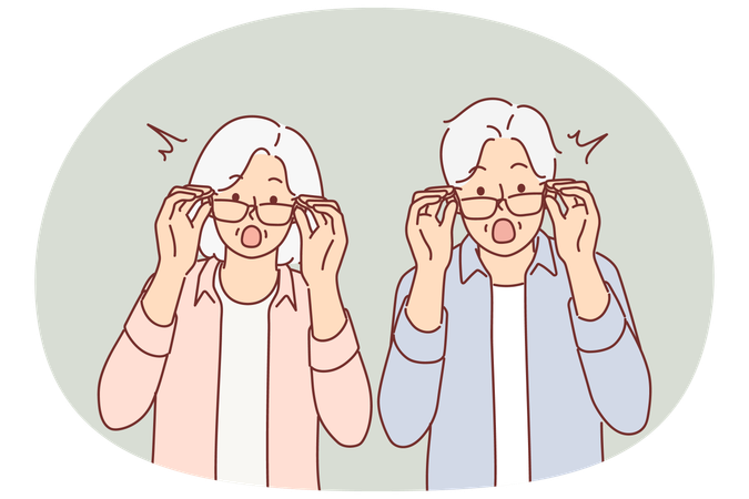 Una pareja de ancianos sorprendida se quita las gafas y mira la pantalla después de enterarse de grandes promociones.  Ilustración