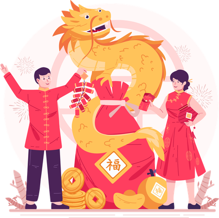 Una pareja joven con trajes tradicionales chinos celebra el Año Nuevo chino con un dragón amarillo  Ilustración