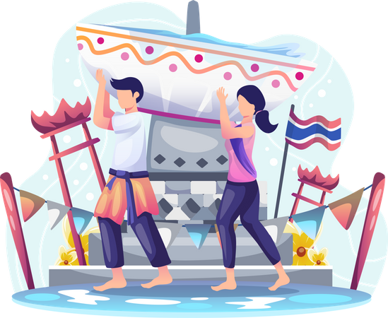 Una pareja lleva un cuenco de agua para celebrar el festival Songkran  Ilustración