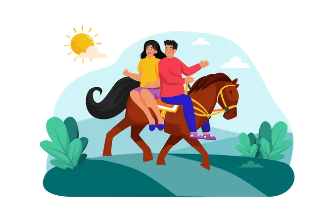Una pareja monta a caballo por senderos pintorescos por la mañana.  Ilustración