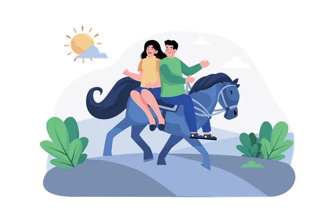 Una pareja monta a caballo por senderos pintorescos por la mañana.  Ilustración