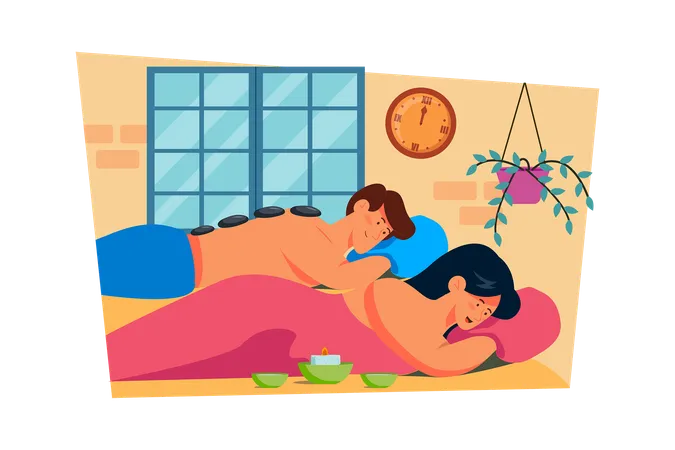 Una pareja pasa el día mimándose con tratamientos de spa y masajes.  Ilustración