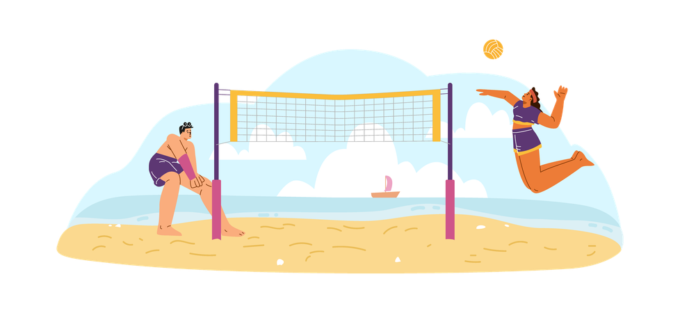 Una pareja practica un deporte activo en una playa de arena junto al mar.  Ilustración