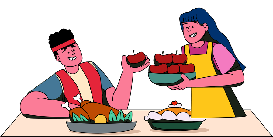 Una pareja prepara con entusiasmo una comida tradicional de Acción de Gracias  Ilustración