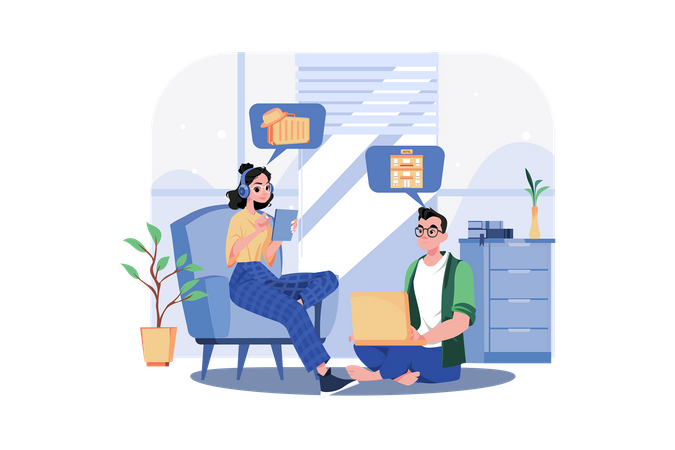 Una pareja reservando una habitación de hotel para vacaciones  Ilustración