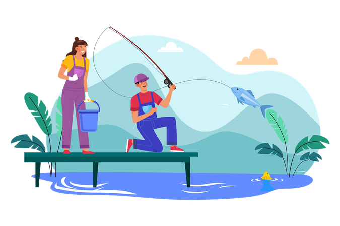 Una pareja va de pesca por la mañana a un lago cercano  Ilustración