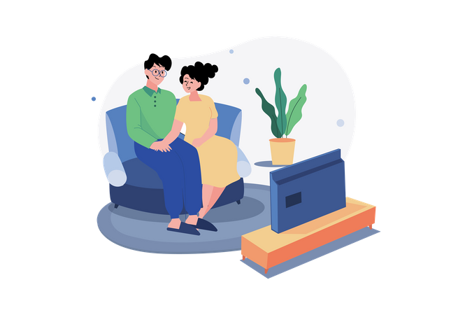Una pareja viendo la televisión en el salón.  Ilustración