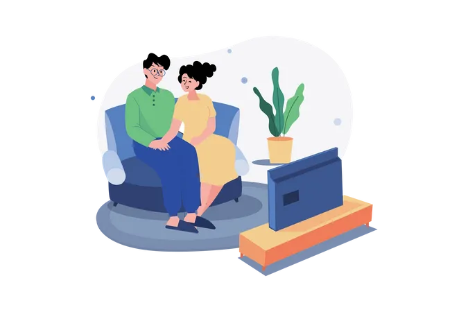 Una pareja viendo la televisión en el salón.  Ilustración
