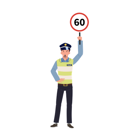 Un policía de tránsito hace sonar el silbato y sostiene un cartel de límite de velocidad sobre la cabeza.  Ilustración