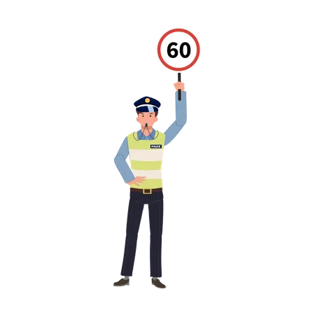 Un policía de tránsito hace sonar el silbato y sostiene un cartel de límite de velocidad sobre la cabeza.  Ilustración