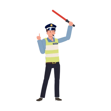 Un policía de tránsito hace sonar el silbato y sostiene el bastón de tránsito por encima de la cabeza.  Ilustración