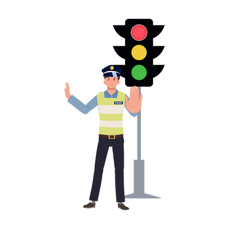 Un policía de tránsito está haciendo una señal de alto cerca del semáforo.  Ilustración