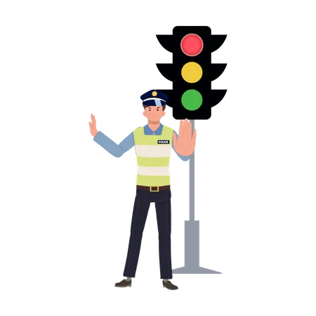 Un policía de tránsito está haciendo una señal de alto cerca del semáforo.  Ilustración