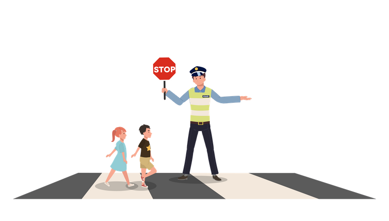 Un policía de tránsito tiene una señal de alto para ceder el paso y permitir que los niños pequeños caminen por el cruce de peatones  Ilustración