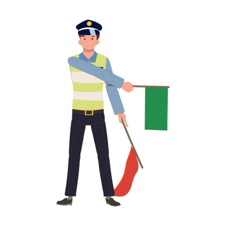 Un policía de tránsito mantiene la bandera roja abajo, la verde y da la señal de permitir caminar  Ilustración