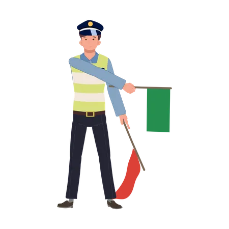 Un policía de tránsito mantiene la bandera roja abajo, la verde y da la señal de permitir caminar  Ilustración