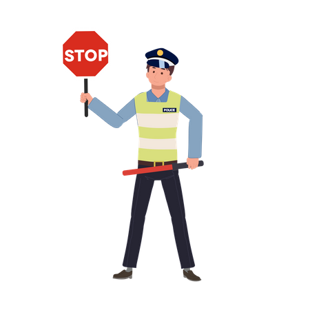 Un policía de tránsito con señal de alto y bastón de tránsito  Ilustración