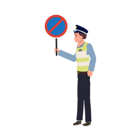 Un policía de tránsito con cartel de NO ESTACIONAR  Ilustración