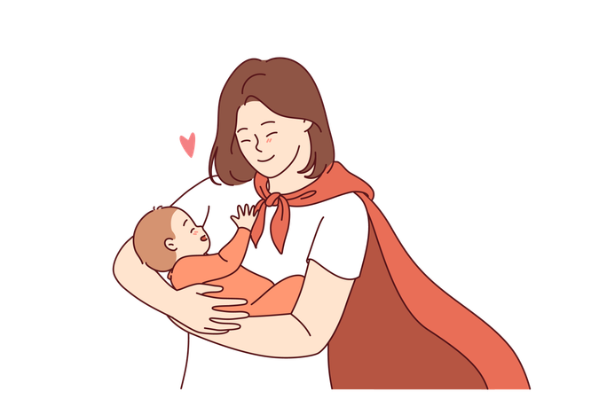 Una supermamá con una capa roja de héroe sostiene a un bebé feliz sonriendo y regocijándose por el nacimiento de su esperado hijo.  Ilustración