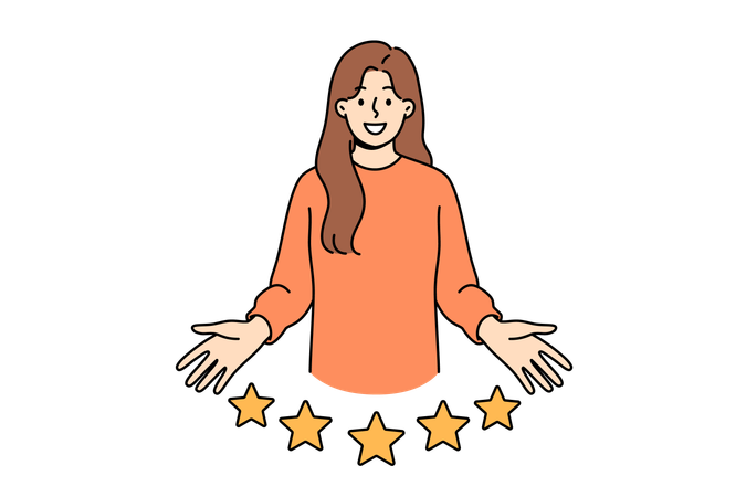 Una usuaria da una calificación de cinco estrellas a la empresa y sonríe mientras mira la pantalla.  Illustration