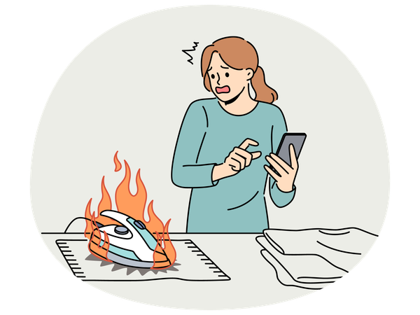 Unaufmerksame Frau benutzt Handy und verbrennt Kleidung mit Bügeleisen  Illustration