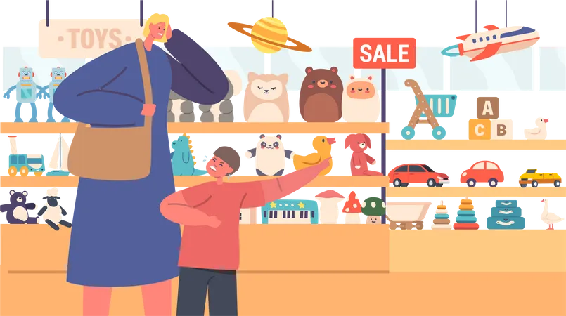 Uncontrollable Child In Store Fervently Pleading With Their Parent To Purchase Toys The Childs Emotions Are Intense Displaying Desperation And Excitement For The Desired Toys Vector Illustration Illustration