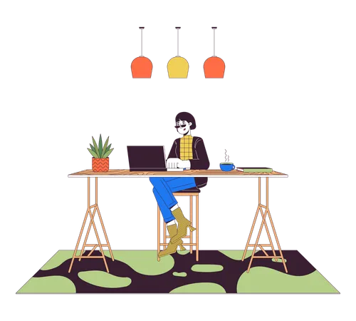 Unconventional Home Office Line Cartoon Flat Illustration Asian Woman With Laptop At Counter Table 2 D Lineart Character Isolated On White Background Programmer Workspace Scene Vector Color Image Illustration