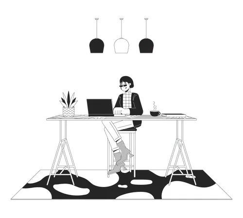 Unconventional Home Office Black And White Line Illustration Asian Woman With Laptop At Counter Table 2 D Lineart Character Isolated Programmer Workspace Monochrome Scene Vector Outline Image Illustration