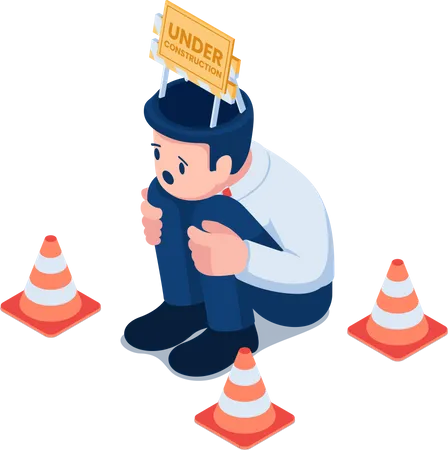 Flat 3 D Isometric Businessman With Construction Sign Inside His Head Out Of Idea And No Inspiration Concept イラスト
