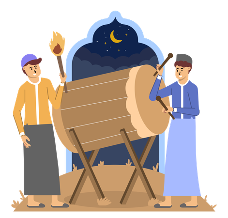 Under moonlit sky of Ramadan night one man kindles fire while another taps out rhythmic beats on drumstick  イラスト