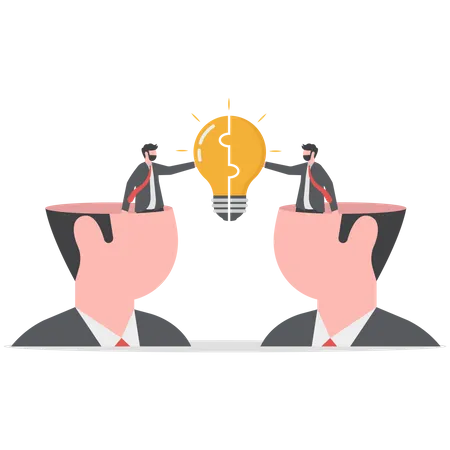 Understanding Lead To Success Agreement Or Think Together To Find Solution To Solve Problem Insight Or Team Communication Concept Businessmen Partner Open Their Head To Connect Lightbulb Jigsaw Illustration
