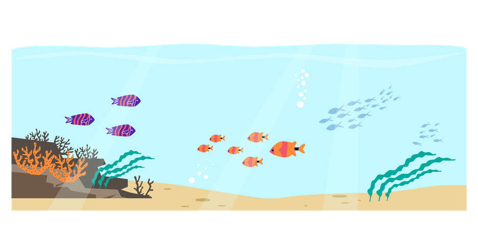Underwater different fishes and various seaweeds scene  Illustration