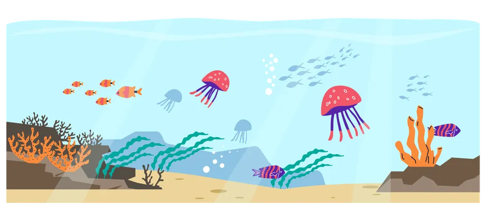 Underwater landscape with swimming jellyfishes  Illustration