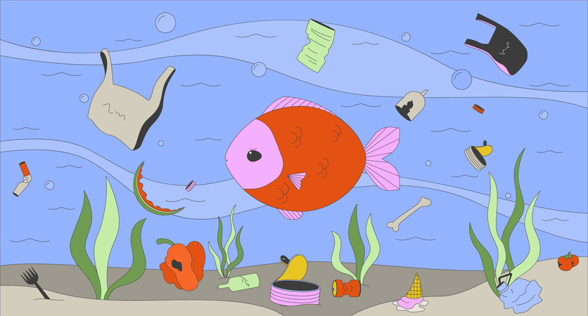 Underwater trash with fish floating  Illustration