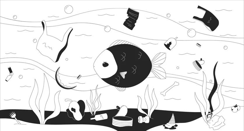 Underwater trash with fish floating  Illustration