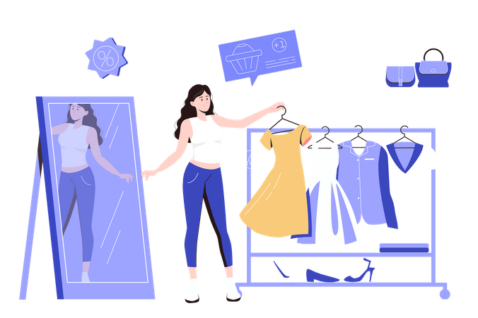 Une acheteuse choisit une nouvelle robe en magasin  Illustration
