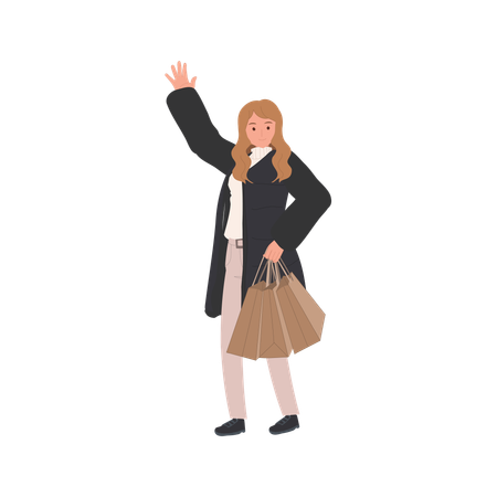 Une acheteuse élégante agitant la main avec des sacs en papier par temps froid  Illustration