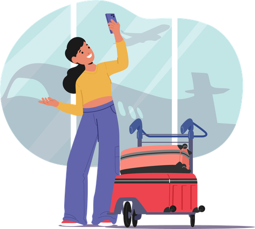 Une adolescente blogueuse de voyage tourne des vidéos pour un réseau social à l'aéroport  Illustration