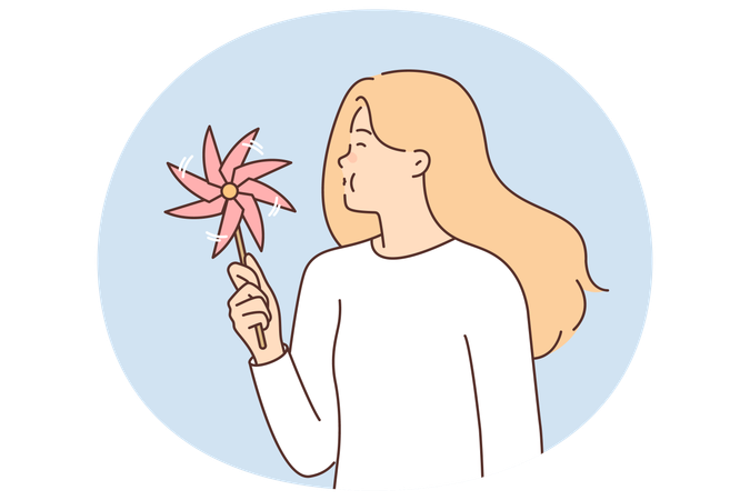 Une adolescente avec un moulin à vent dans les mains souffle sur un jouet qui tourne dans le vent.  Illustration