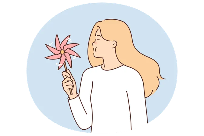 Une adolescente avec un moulin à vent dans les mains souffle sur un jouet qui tourne dans le vent.  Illustration