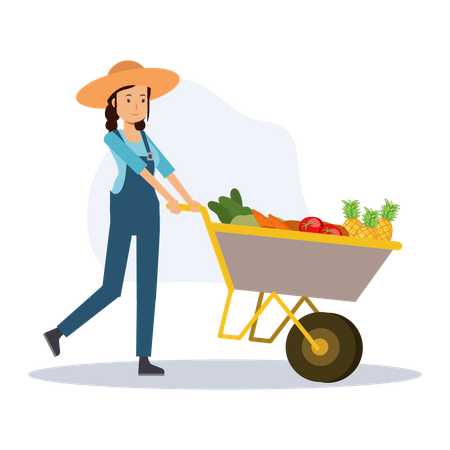 Une agricultrice poussant un chariot de légumes  Illustration