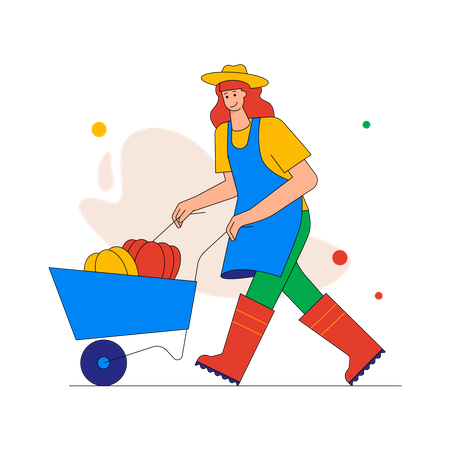 Une agricultrice poussant une brouette avec la récolte de légumes  Illustration