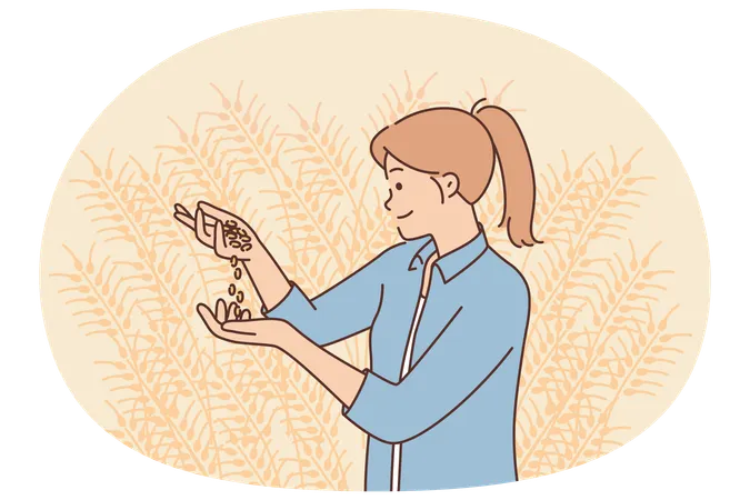 Une agronome inspecte les grains de soja sur une plantation agricole  Illustration