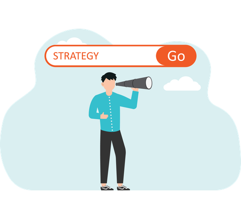 Une approche créative pour trouver des stratégies commerciales : la clé secrète pour générer des idées, le brainstorming pour créer de l'innovation, la motivation pour des résultats exceptionnels, la main avec des jumelles dans la barre de recherche avec   Illustration