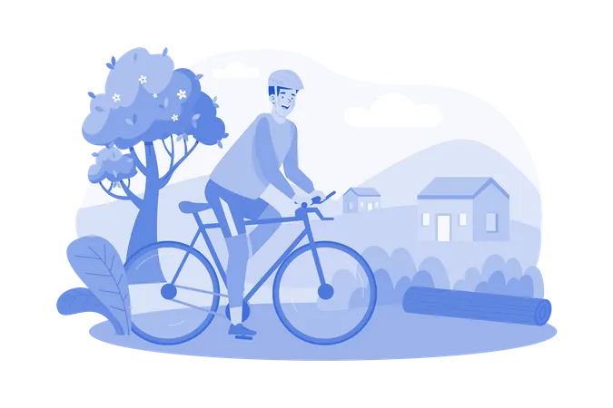 Un cycliste roule dans la campagne le matin  Illustration