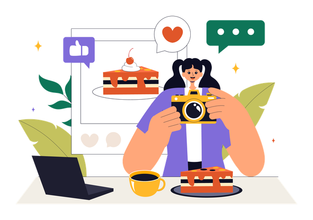 Une blogueuse culinaire prend une photo de nourriture  Illustration