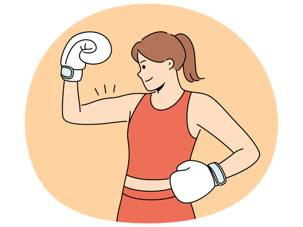 Une boxeuse montre ses biceps et sourit, démontrant sa force et sa détermination à vaincre son adversaire.  Illustration