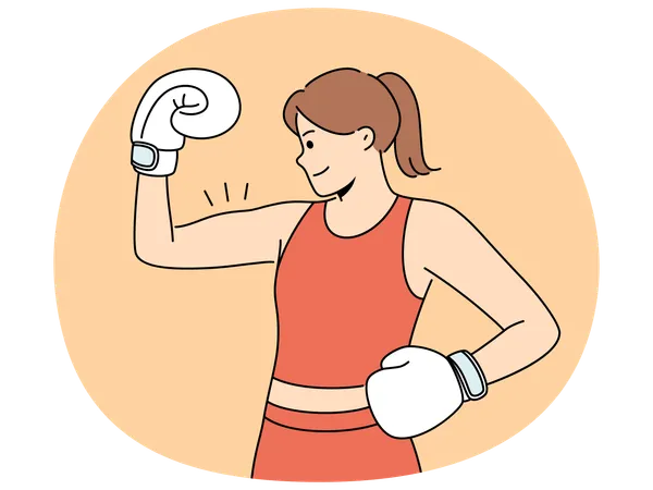 Une boxeuse montre ses biceps et sourit, démontrant sa force et sa détermination à vaincre son adversaire.  Illustration