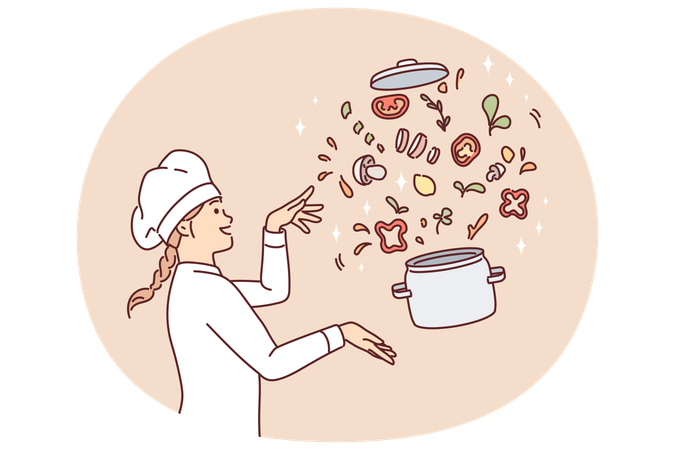 Une femme chef prépare une soupe de légumes debout près d'un pot volant avec des tranches de champignons et d'herbes  Illustration