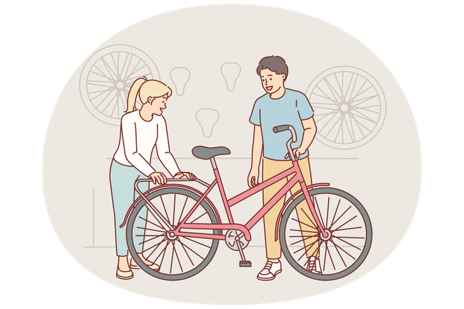 Une cycliste est venue à l'atelier pour réparer ou régler son vélo et acheter des accessoires supplémentaires pour son passe-temps  Illustration